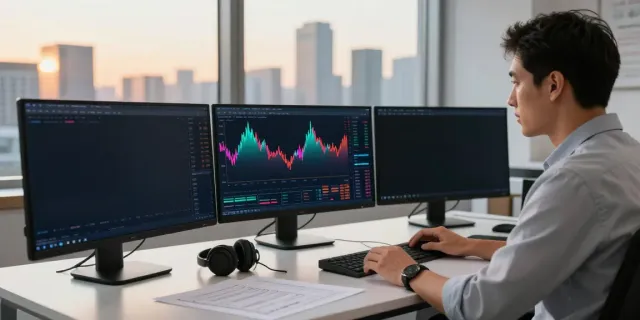 Trader using TradingView charts in a modern office setting for market analysis.