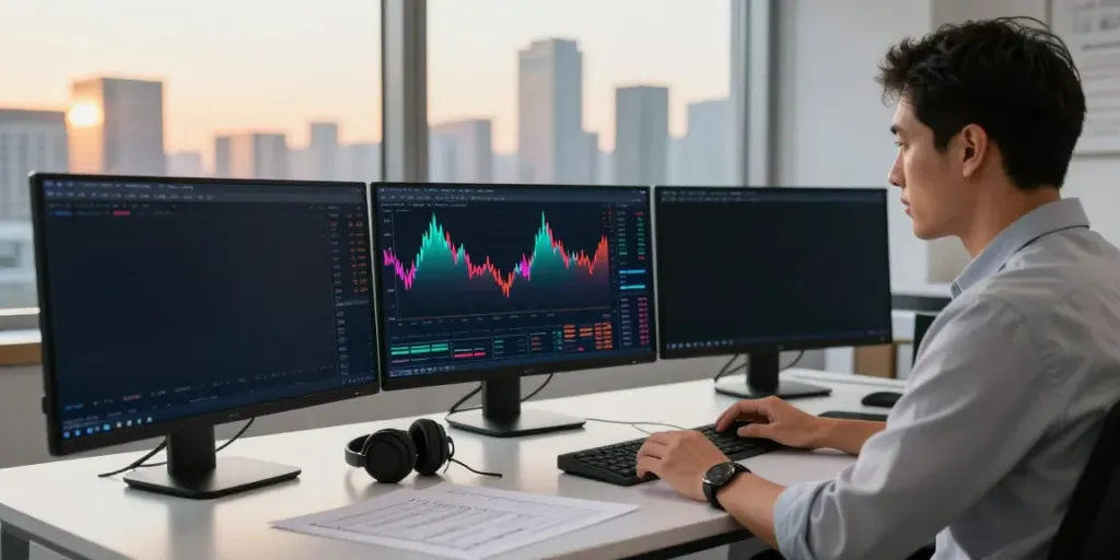 Trader using TradingView charts in a modern office setting for market analysis.