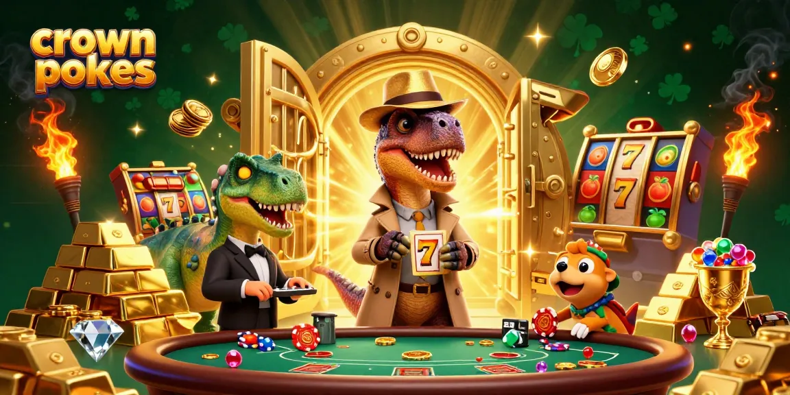 Engage with crown pokies while enjoying a thrilling gaming scene of playful dinosaurs in a casino.