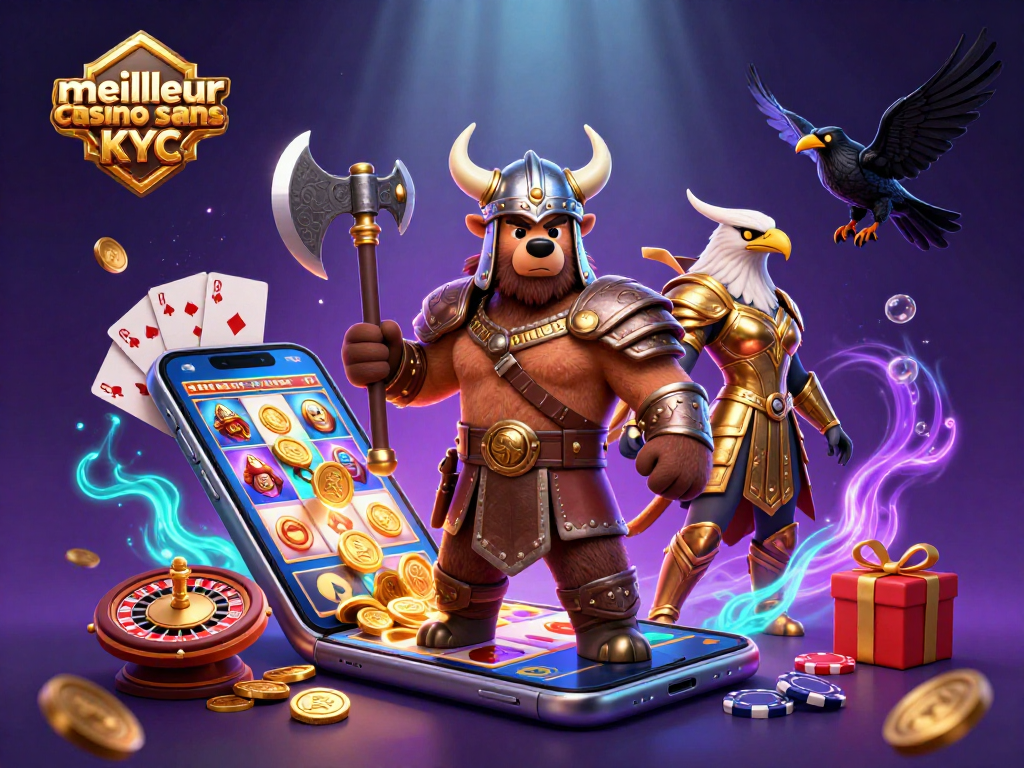Visualisez le meilleur casino sans KYC avec un ours viking et des éléments de jeu animés.