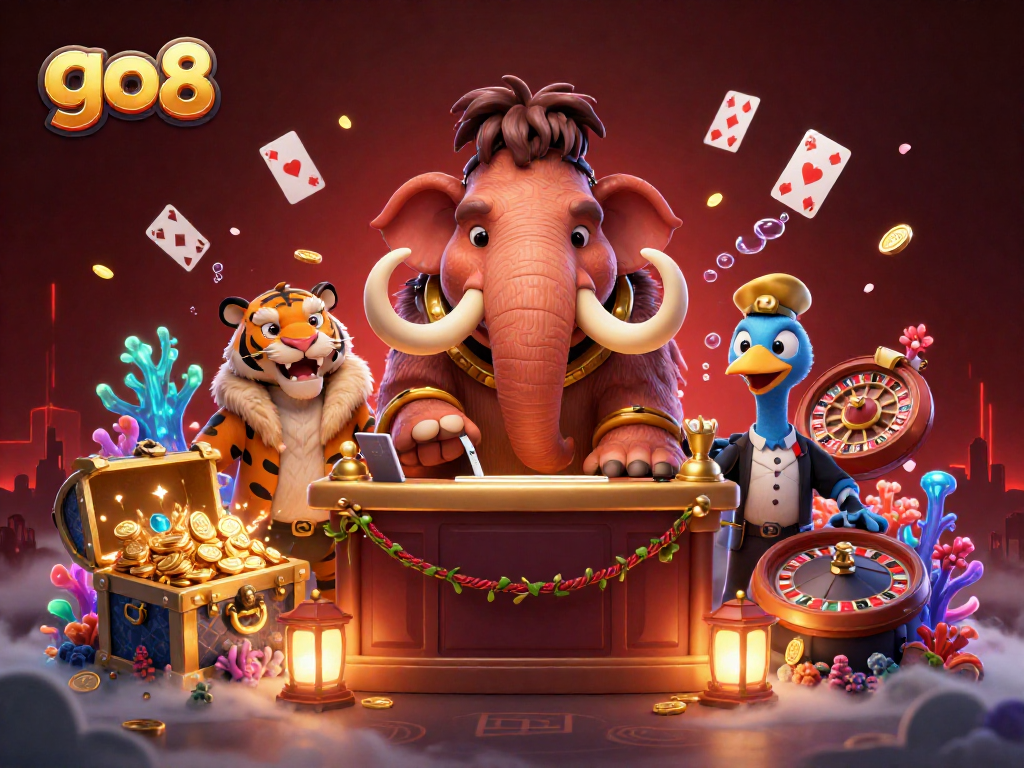 Experience vibrant gaming at go8 with a lively bouncer and casino elements in an exciting illustration.