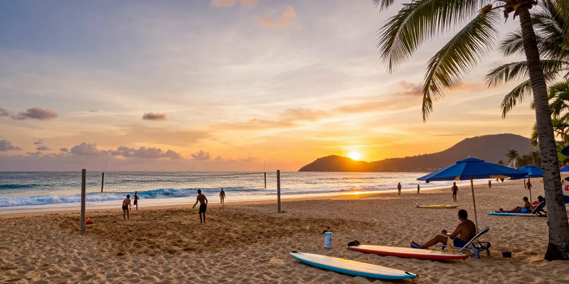 Delapan toto di pantai tropis yang indah saat senja dengan pengunjung bersenang-senang.