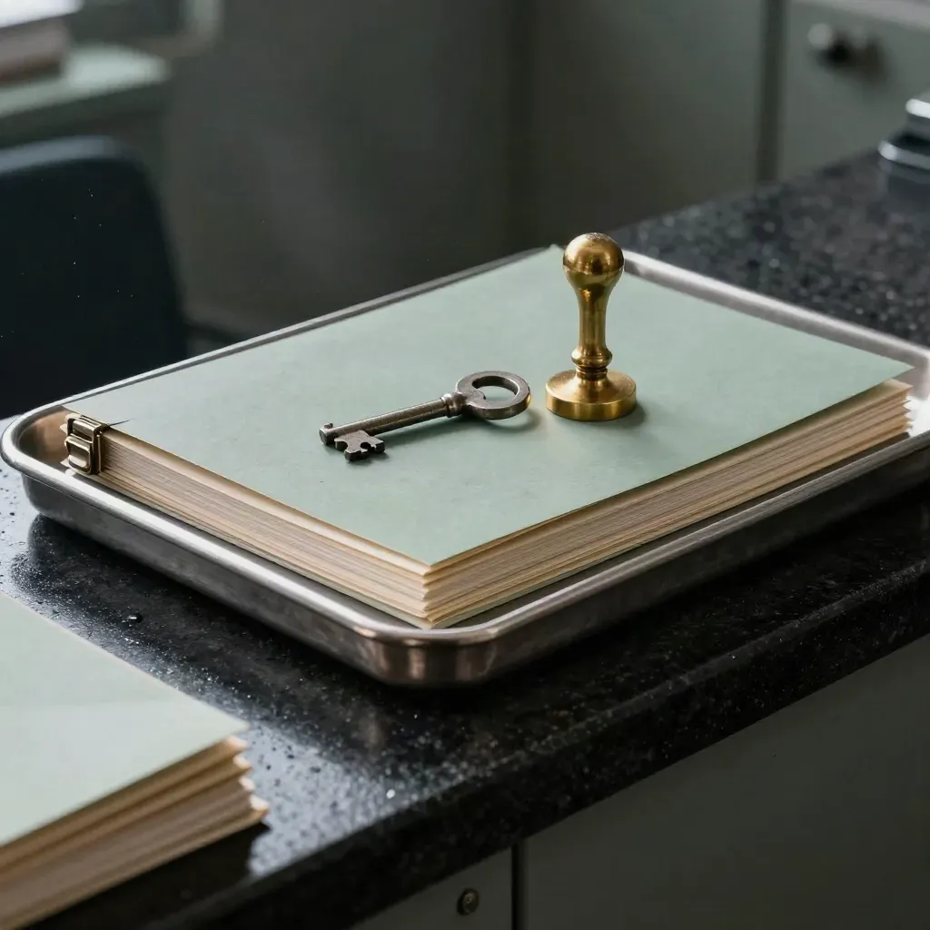 Brushed-steel tray with compliance folders, vault key, and brass seal in a dark studio.