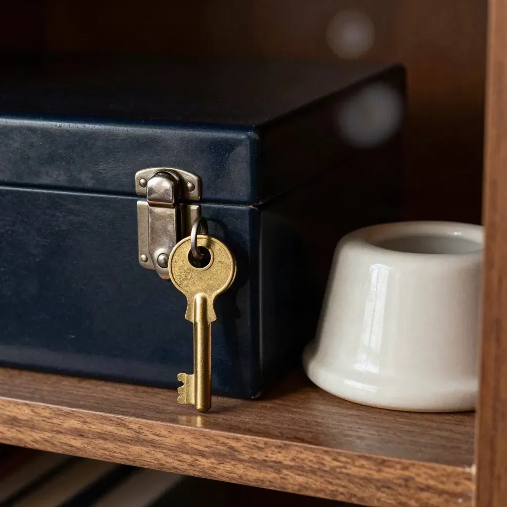 Closed risk file box, brass key and ceramic paperweight in dramatic still life