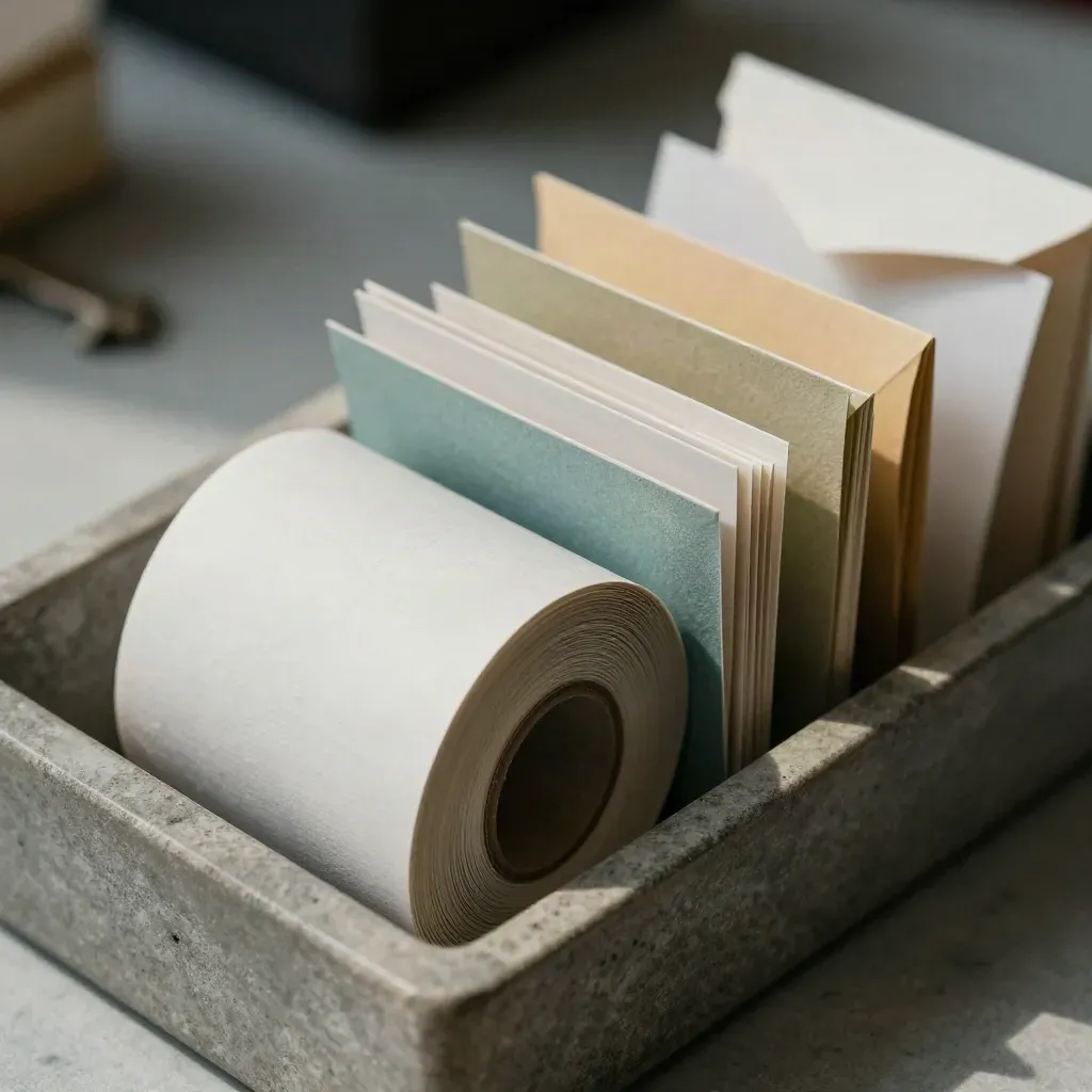Receipt rolls, archive tray and envelope sleeves in a tight top-down macro on a dark surface.