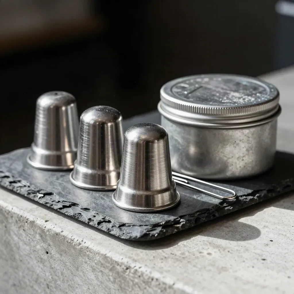 Brushed metal alert pucks, a security seal tin and a file clip on slate in dramatic macro light.