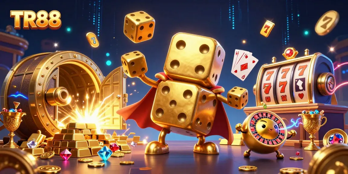 Engage with TR88's lively casino atmosphere through a 3D illustration of golden dice and slot elements.