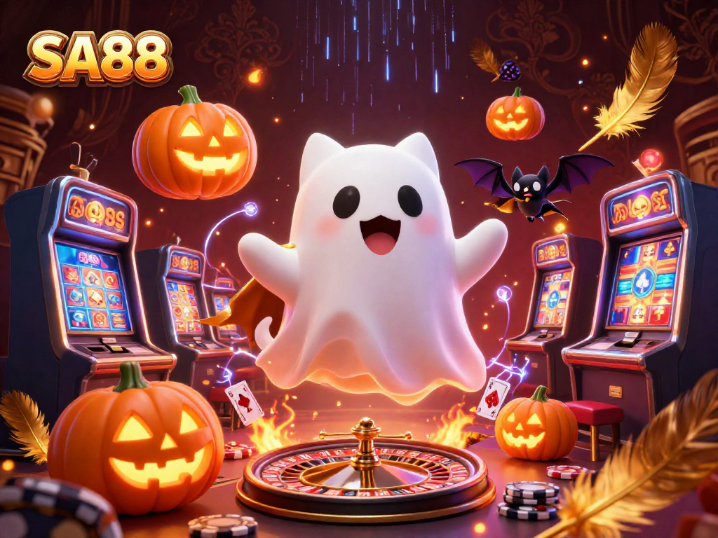 Experience thrilling gaming at SA88 with a ghost cat and vampire bat in a vibrant casino.