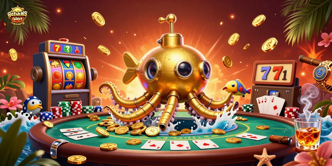 Enjoy the gacha168 slot adventure with a golden kraken submarine amid vibrant casino elements.