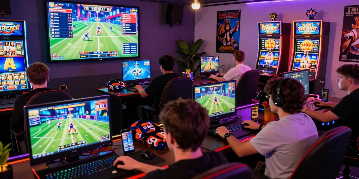 situs888 gacor gaming scene with diverse players enjoying slot and sports betting games