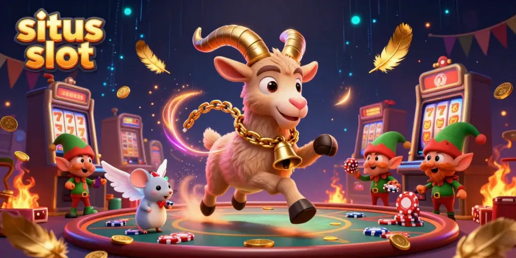 Visualisasi situs slot dengan karakter animasi menarik dalam suasana kasino yang meriah.