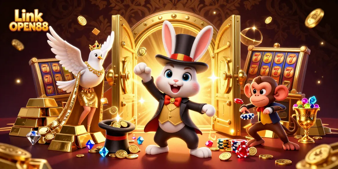 Experience the magic of winning with Link OPEN88, featuring a whimsical casino scene.