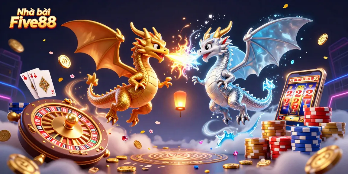 Engage with Nhà cái Five88 in this vibrant 3D casino illustration with dragons and gaming elements.