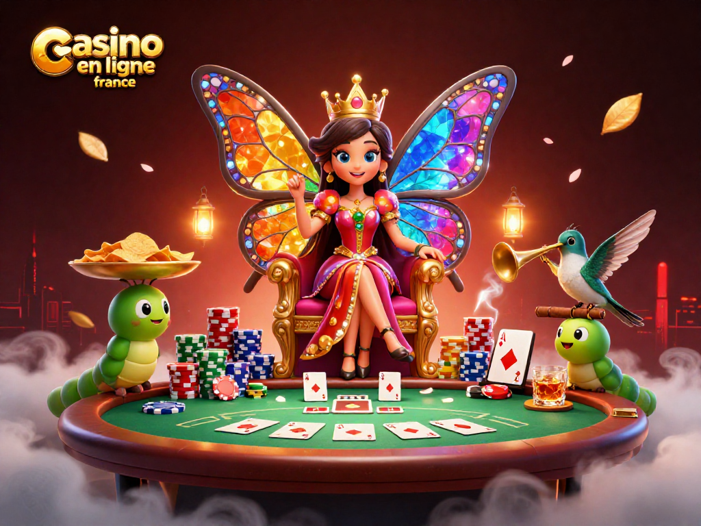 Illustration colorée du casino en ligne France avec une reine papillon et des jetons de poker, ambiance festive.