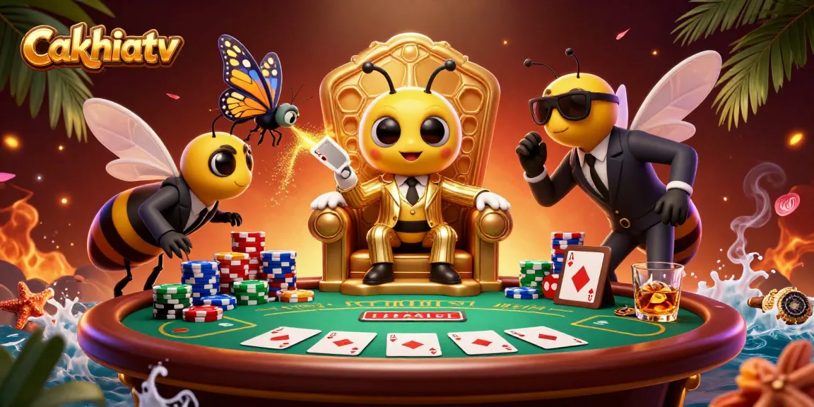 Cakhiatv showcases a vibrant, dynamic 3D cartoon scene of a gambling-themed bumblebee mob boss at a poker table.