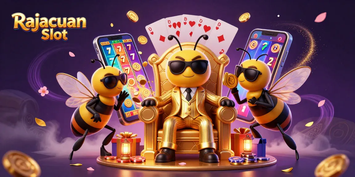 Permainan Rajacuan Slot dengan bumblebee bos mafia dan elemen kasino yang berwarna-warni.