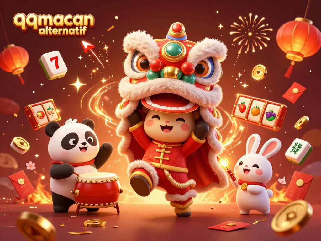 Experience the festive energy of qqmacan alternatif with lively characters and slot elements in this vibrant illustration.