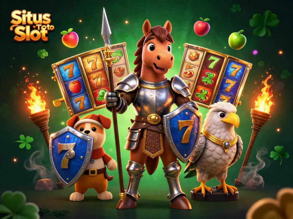 Raih kemenangan besar di Situs Toto Slot dengan ilustrasi slot bertema medieval yang menampilkan karakter yang dinamis.