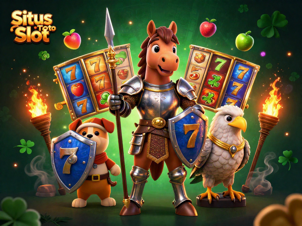 Raih kemenangan besar di Situs Toto Slot dengan ilustrasi slot bertema medieval yang menampilkan karakter yang dinamis.