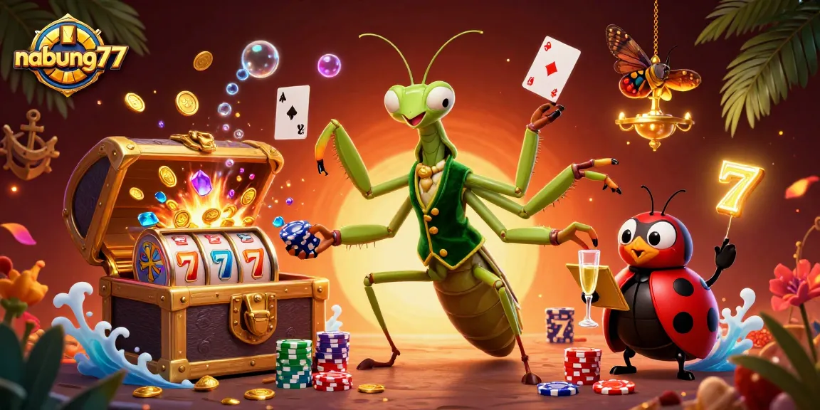 Experience excitement at nabung77 with a dynamic scene featuring colorful slot reels and vibrant casino elements.