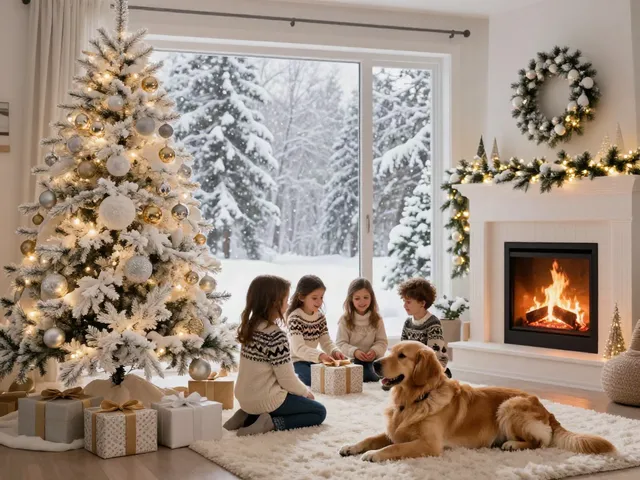 Festively decorated white Christmas tree with family and warm ambiance.