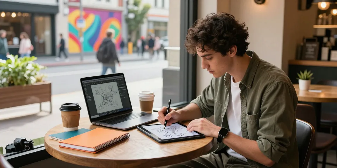 A young creative professional working on design ideas at a stylish coffee shop, representing the essence of urban lifestyle at https://www.www456bd.com/.