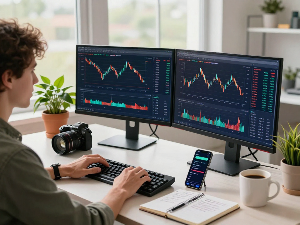 Kyber-swap trading scene showing a user focused on dual monitors with cryptocurrency data and strategies.