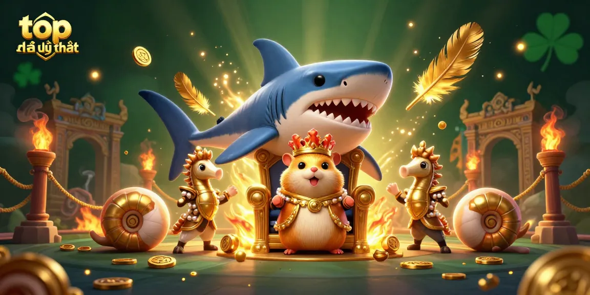 Join the action at top nhà cái uy tín with a vivid scene featuring a golden hamster king and seahorse guards.