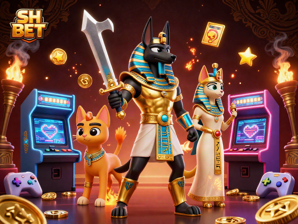 Engage with thrilling gaming adventures at SH BET featuring Anubis and Bastet in a vibrant casino scene.