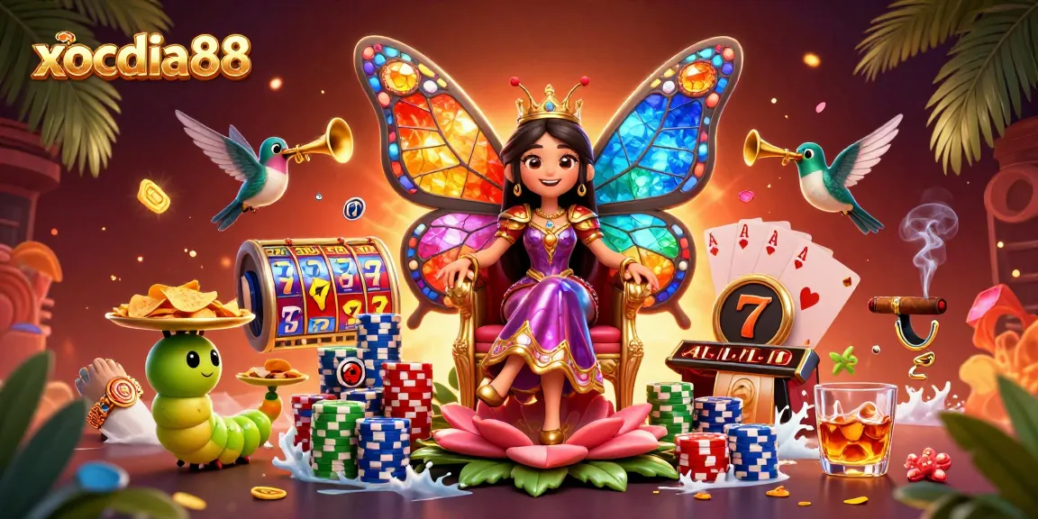 xocdia88 showcases an enchanting butterfly queen amidst a vibrant slot game paradise filled with chips and excitement.