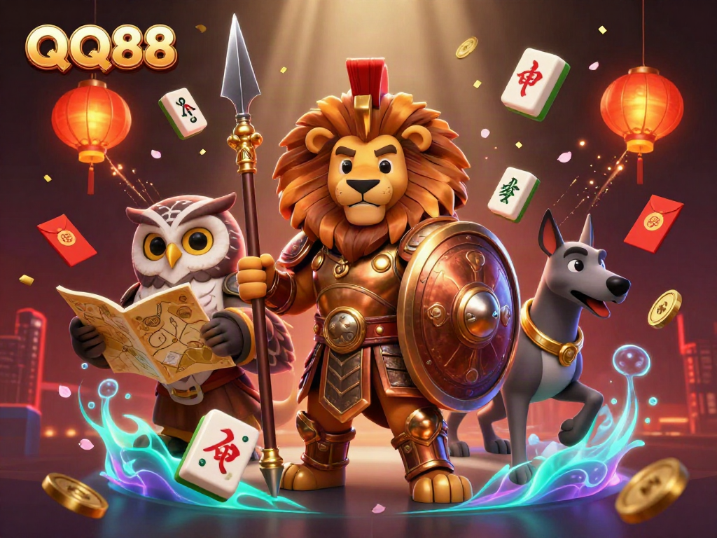 Experience thrilling gameplay at QQ88 with a majestic Spartan lion and interactive casino elements.