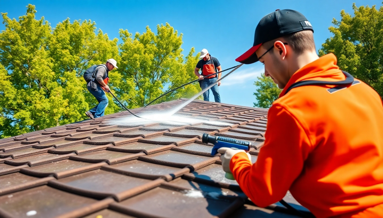 Roof Cleaning professionals safely washing a home’s roof with eco-friendly solutions.