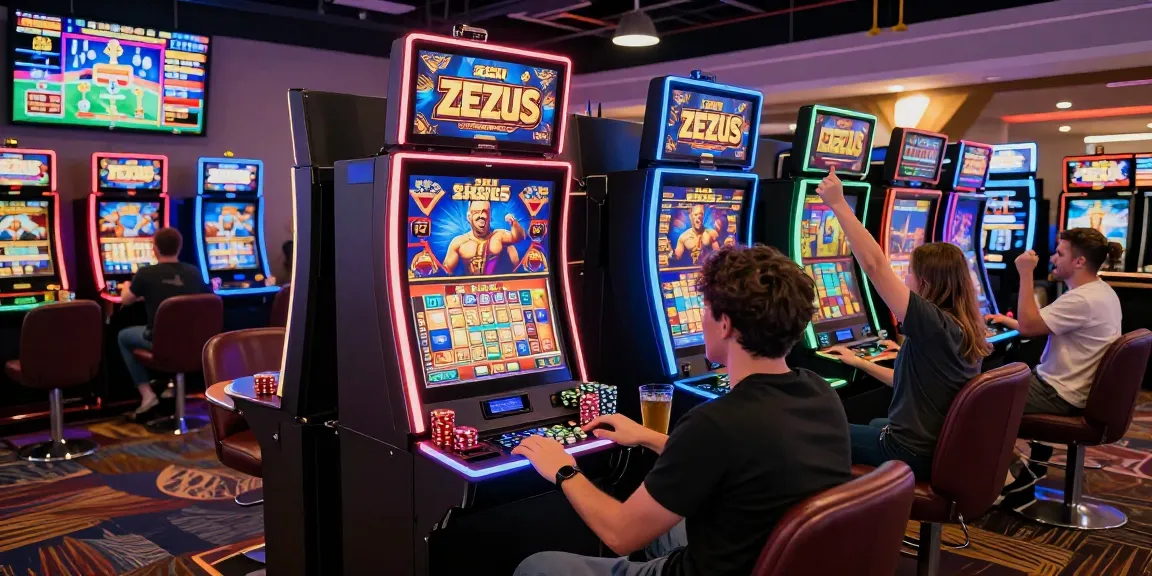 Exciting gaming scene at situs 888 featuring Zeus slot machine with players engaging