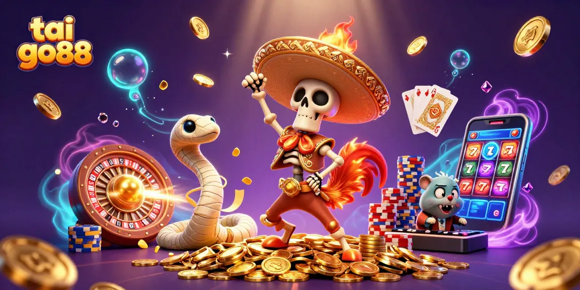 Experience the thrill of tai go88 as a vibrant mariachi rooster celebrates amidst golden coins and bright casino elements.