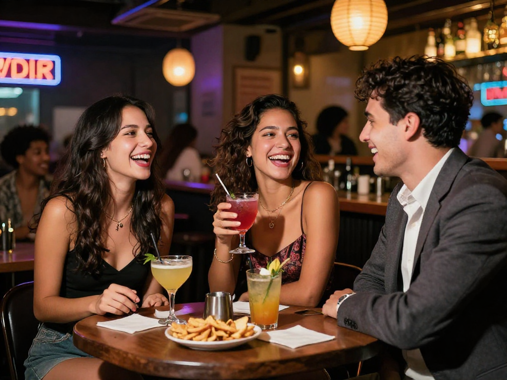 Gái gọi đang vui vẻ trong không gian bar hiện đại cùng bạn bè, thể hiện sự tự tin và cuốn hút.