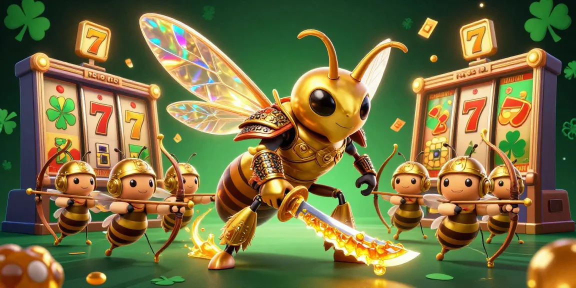 Engage with thrilling action at Casino Newtr88 featuring vibrant slot reels and a heroic hornet.