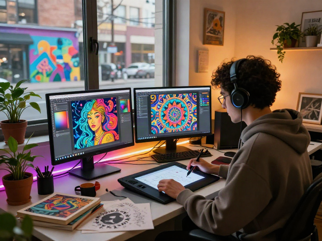 AI porn creation scene with an artist designing adult content in a vibrant studio.