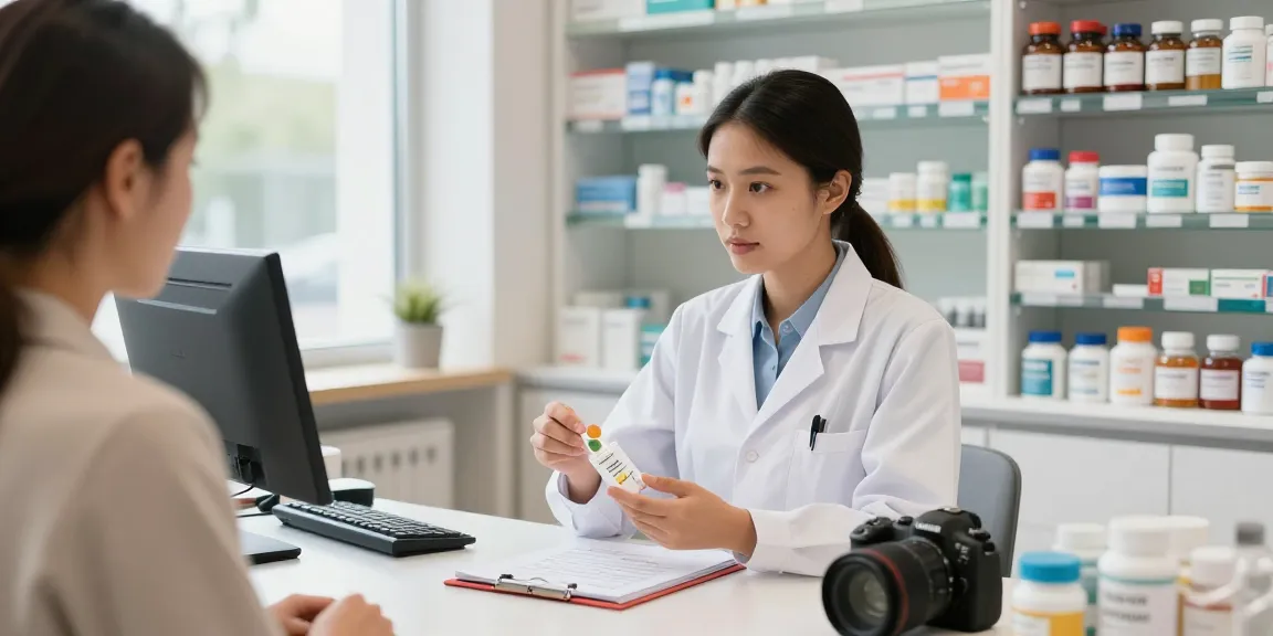 Deus Medical pharmacist assisting customers with health supplements in a modern pharmacy setting