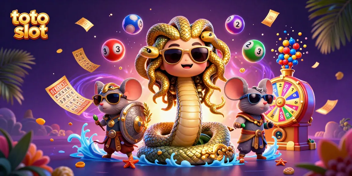 Bermain toto slot dengan interaksi menarik antara Medusa dan mouse pahlawan, dihiasi elemen bingo dan bola lotere.
