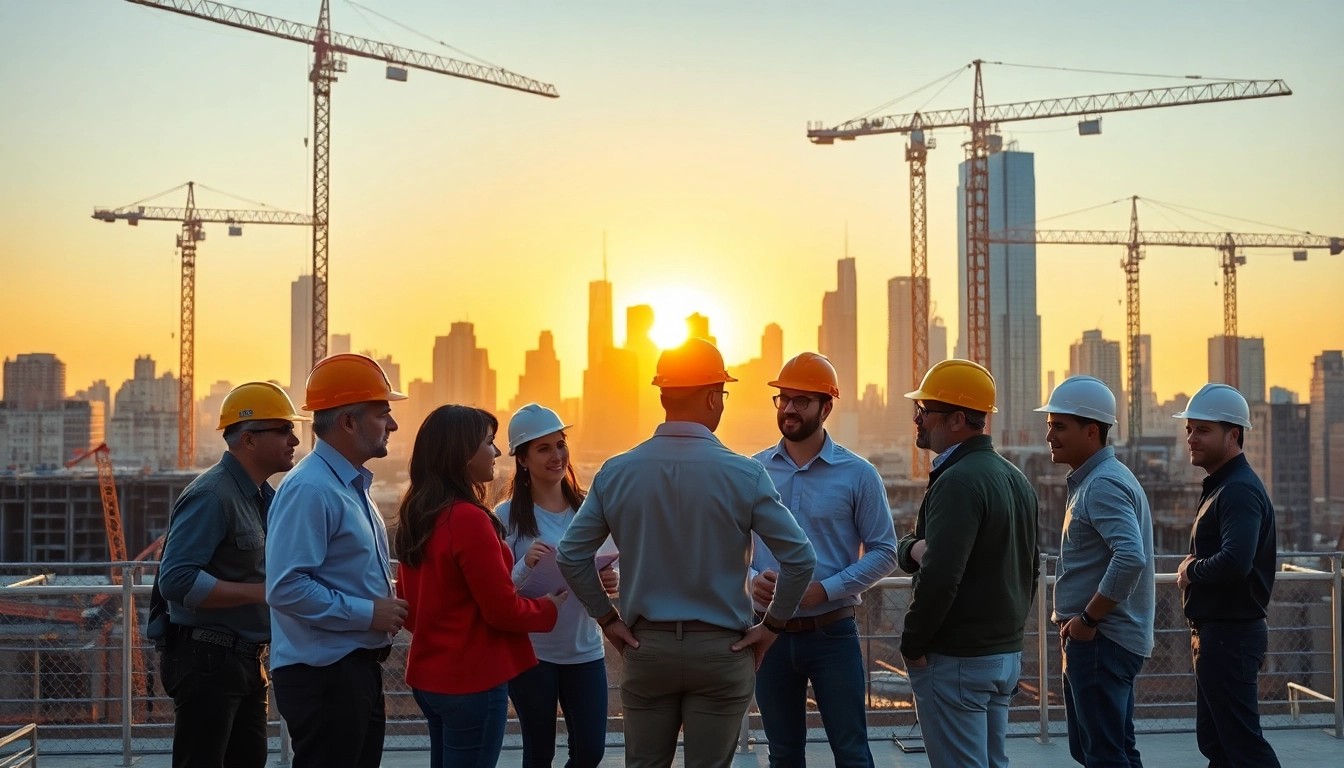 Manhattan Commercial General Contractor team actively planning on a busy construction site with city skyline.