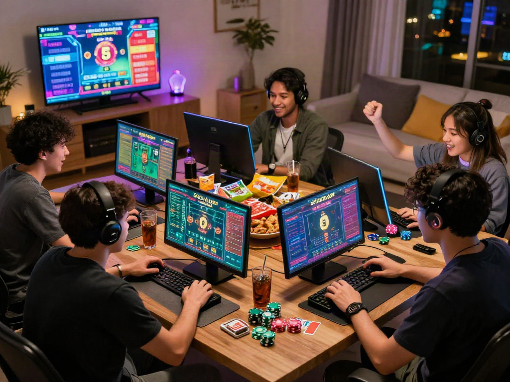 Excited players enjoying situs togel in a lively gaming atmosphere with vibrant digital displays and snacks.