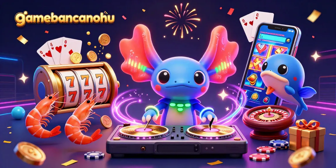 Immerse in gamebancanohu with a vibrant axolotl DJ, spinning reels, and festive underwater action.