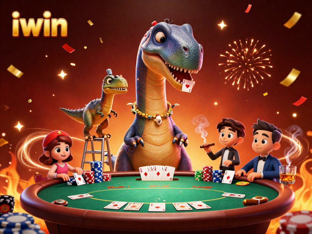 Experience exciting gameplay with iwin featuring a towering brontosaurus and dynamic poker scene.