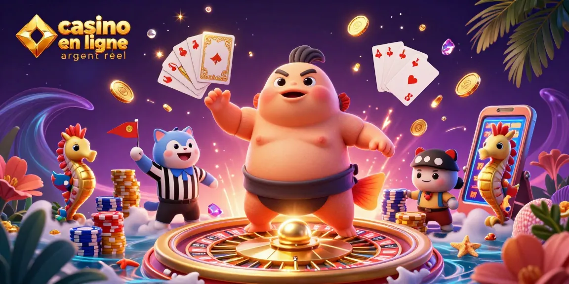 Profitez de l'expérience de jeu au casino en ligne argent réel avec un fugu et un arbitre dans une scène vibrante.