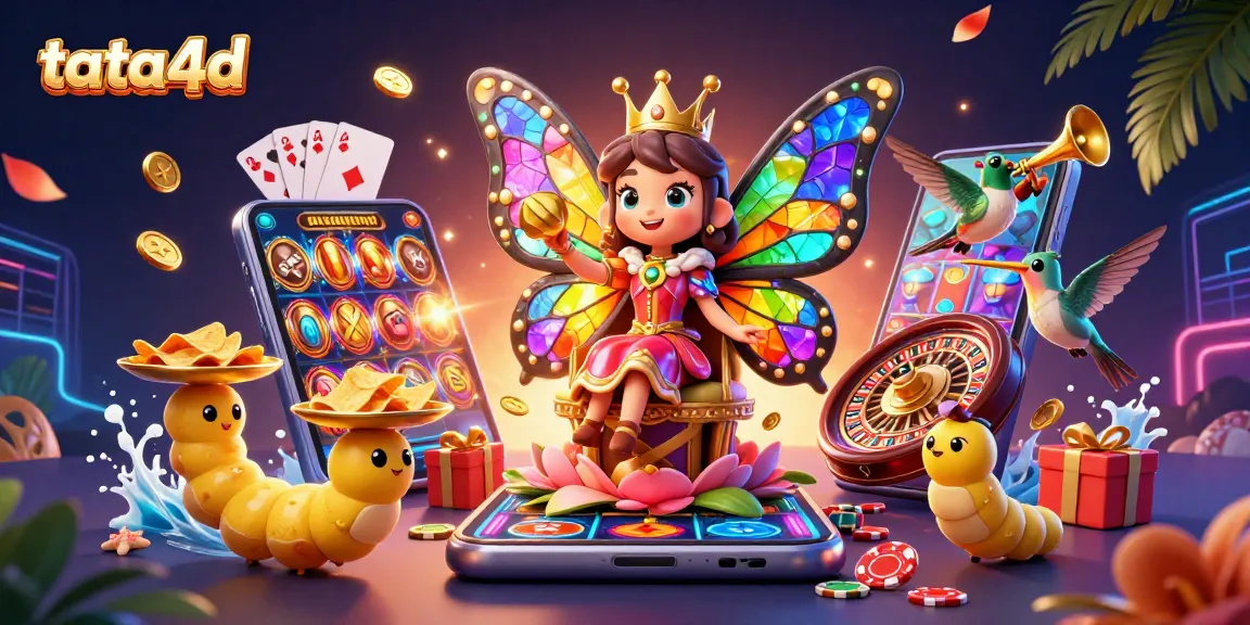 Experience thrilling gameplay with tata4d as a vibrant butterfly queen presides over a colorful casino scene.