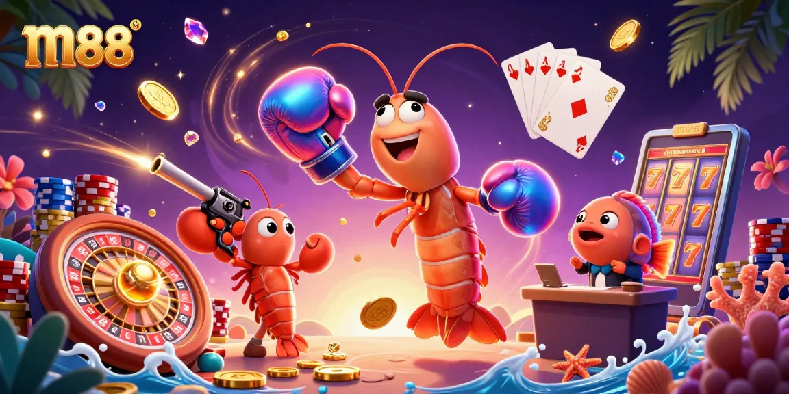 Engage with m88's vibrant casino scene featuring animated ocean creatures and dazzling gaming elements.