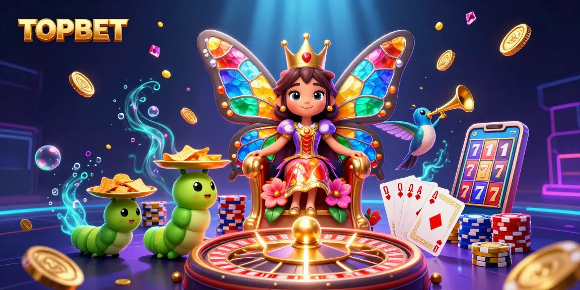 Experience engaging gameplay with TOPBET's vibrant casino illustration featuring a butterfly queen and colorful elements.