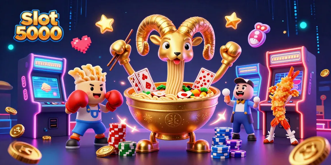 Slot 5000 dengan karakter lucu seperti ramen mengedarkan kartu dan chip, permainan menarik!