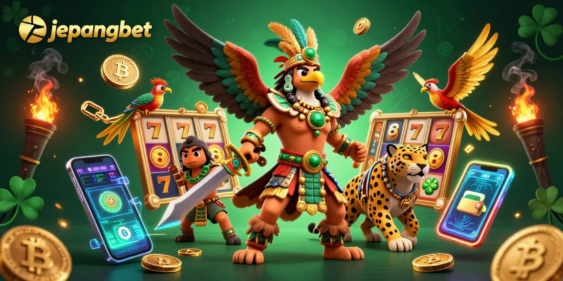 Join the jepangbet casino experience with Aztec warriors and crypto elements in a vibrant gaming environment.