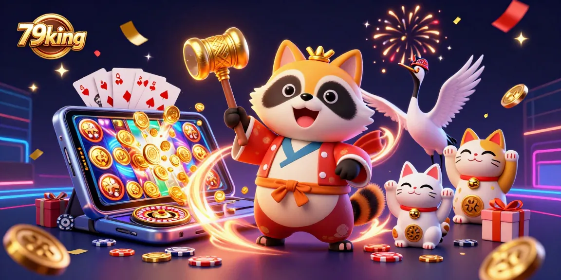Play and win with 79king's colorful casino scene featuring a cheerful tanuki and festive elements.